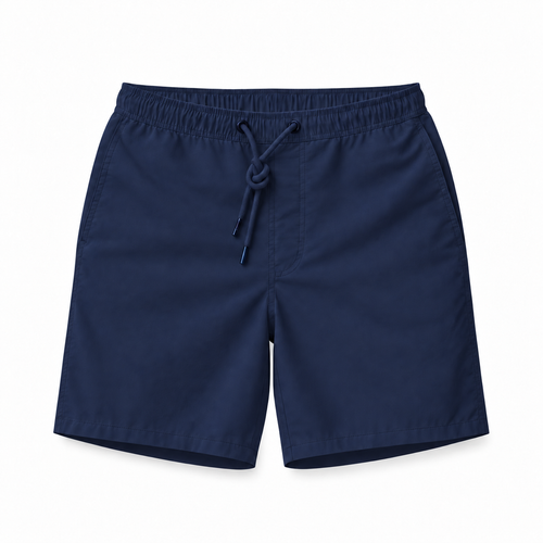 Mallorca zwemshort heren in diep navyblauw, vooraanzicht met taillekoord en steekzakken
