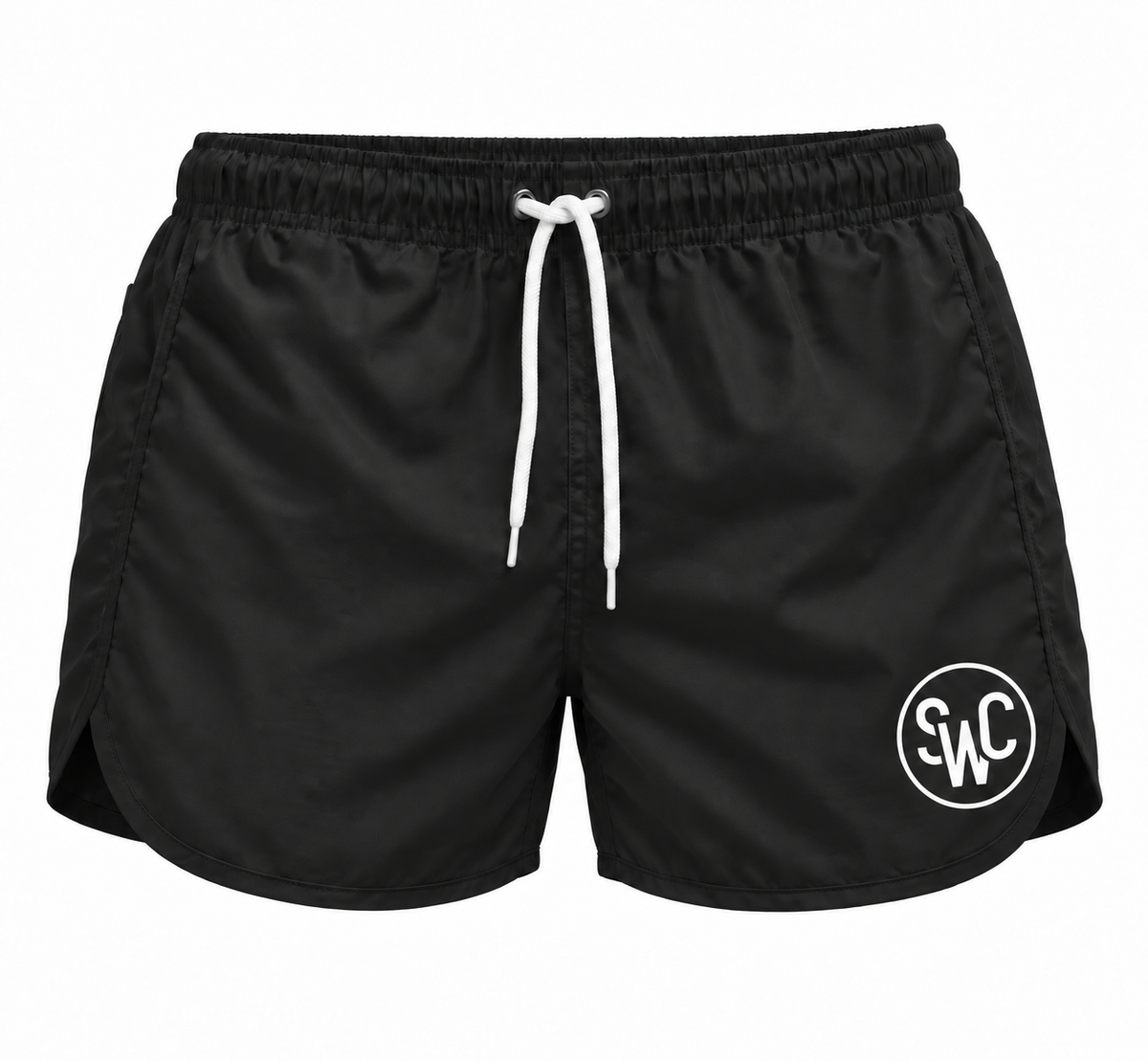 Riviera Retro zwemshort Deep Black, zwart vooraanzicht met SWC-logo en wit trekkoord