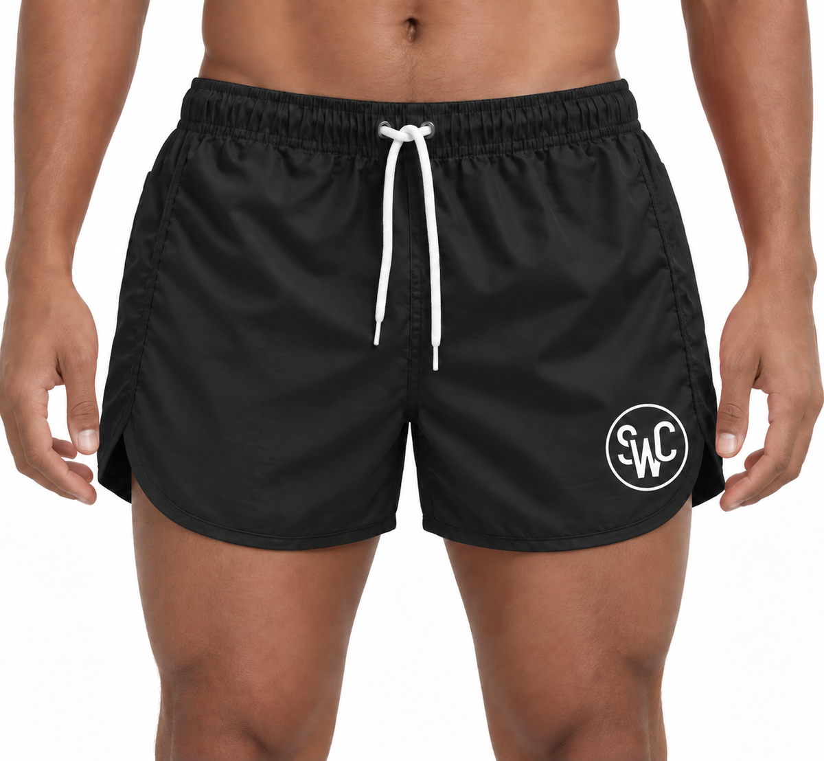 Riviera Retro zwemshort Deep Black, zwart korte retro-pasvorm op een model
