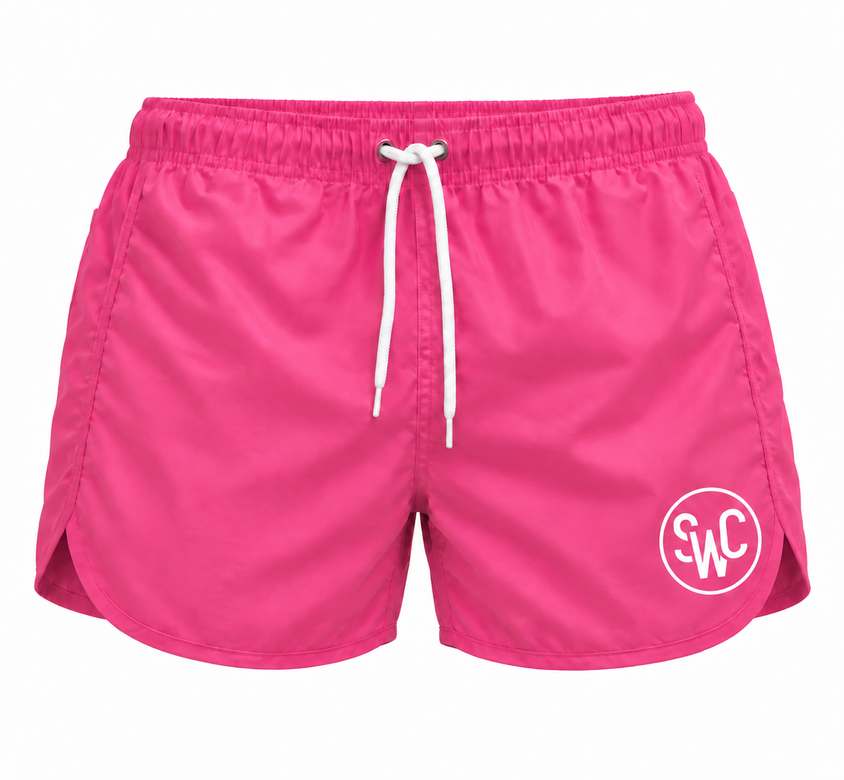Riviera Retro zwemshort Flamingo Pink, roze vooraanzicht met SWC-logo en wit trekkoord