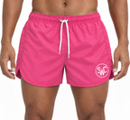 Riviera Retro zwemshort Flamingo Pink, roze korte retro-pasvorm op een model