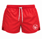 Riviera Retro zwemshort Hot Coral Red, rood vooraanzicht met wit SWC-logo en trekkoord