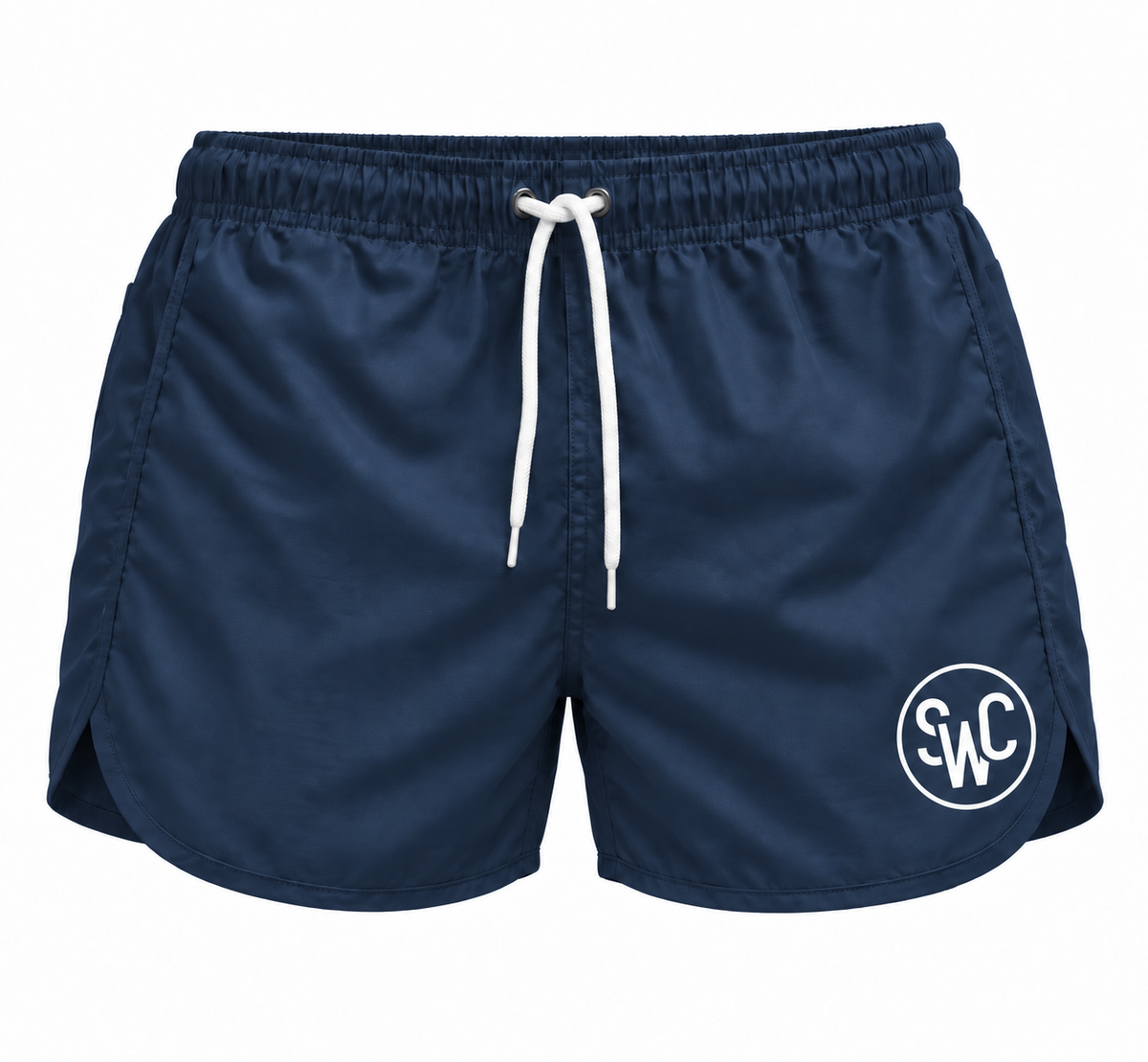 Riviera Retro zwemshort Midnight Blue, donkerblauw vooraanzicht met SWC-logo en wit trekkoord