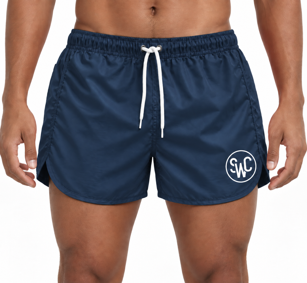 Riviera Retro zwemshort Midnight Blue, donkerblauw korte retro-pasvorm op een model