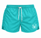 Riviera Retro zwemshort Ocean Breeze, turquoise vooraanzicht met wit SWC-logo en trekkoord